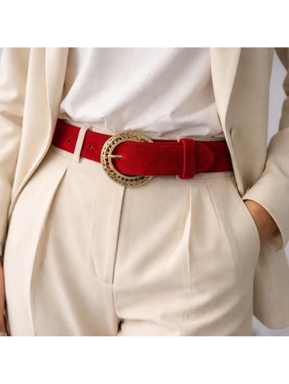 Vintage Liz Claiborne Red Suede Belt Gold Buckle 80s Medium Classic